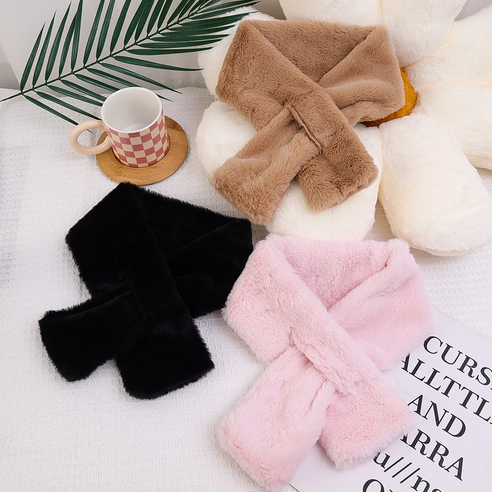 Women Winter Warm Thicken Scarfs Solid Color Faux Rabbit Fur Plush Cross Collar Scarf Shawl Elegant Warm Soft Comfortable Scarf