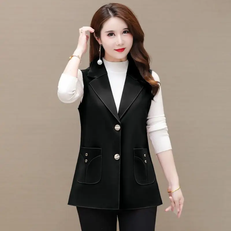 Elegant Lapel Button Spliced Pockets Vests Coats Women\'s Clothing Autumn New Loose All-match Tops Office Lady Jackets