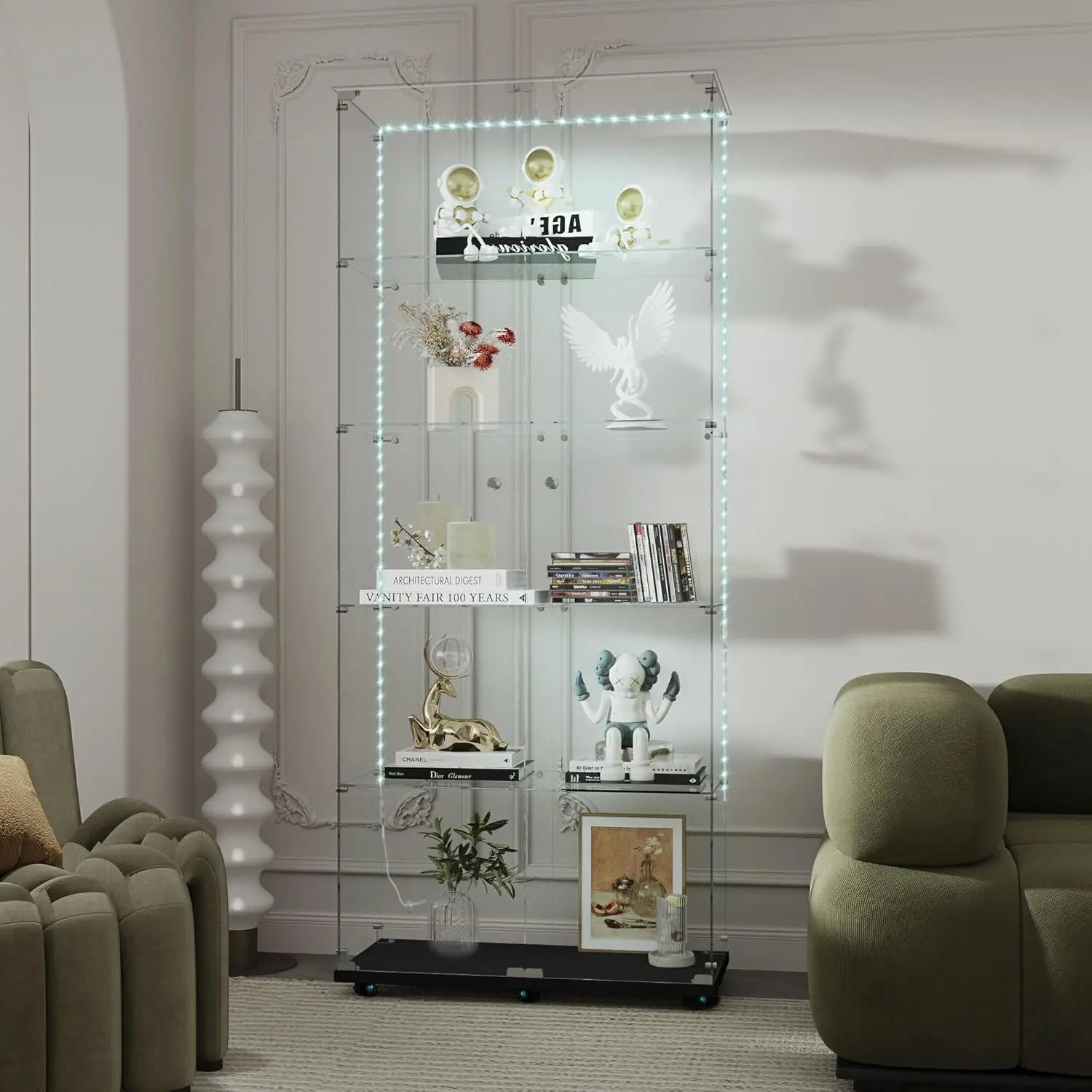 

Витрина-шкаф для хранения из стекла с LED-подсветкой, 74 дюйма в высоту, 5 полок, на колесиках и с замком, современный деревянный шкаф-витрина, на заказ