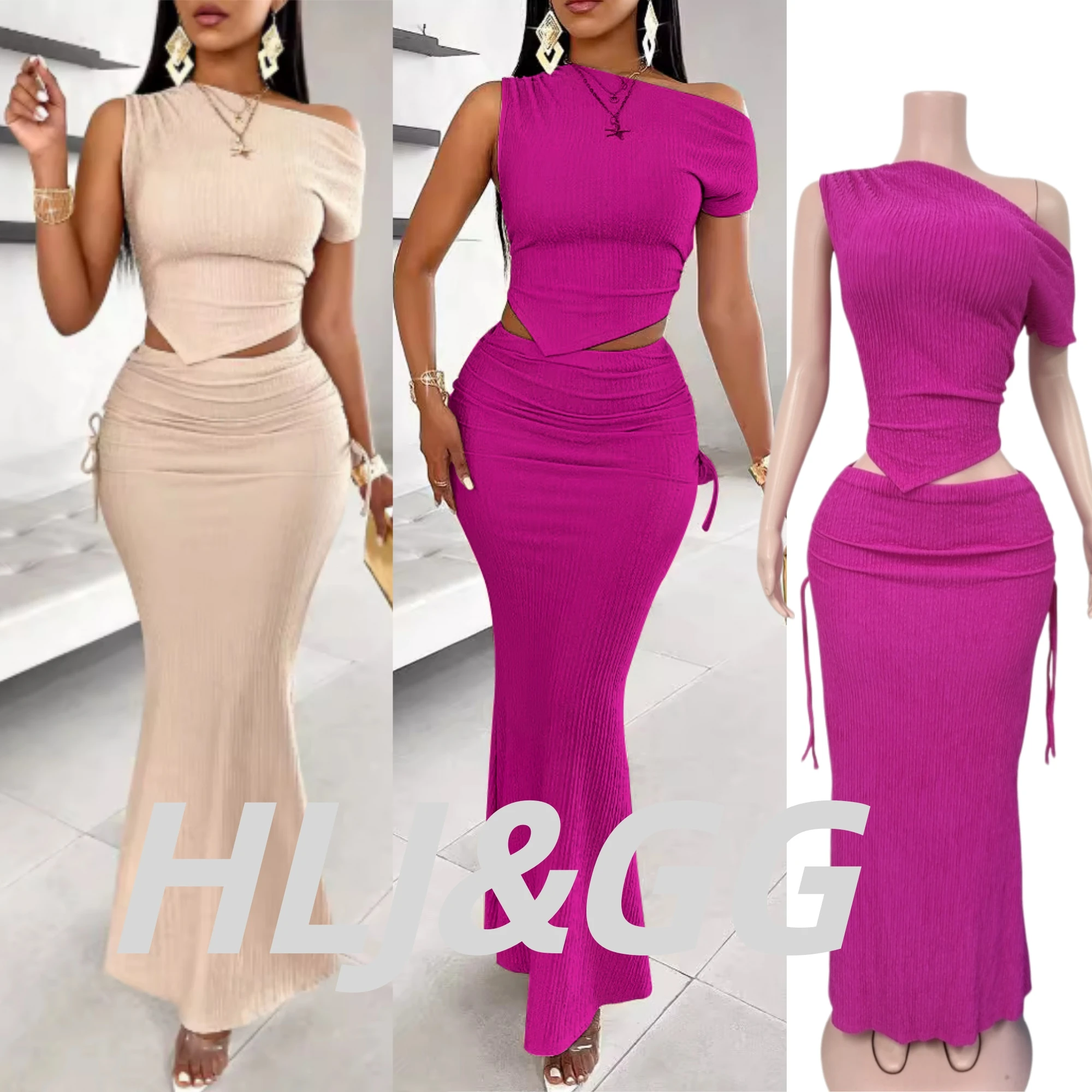 HLJ Sexy Off Shoulder Asymmetrical Ribbed Crop Top & High Waist Side Ruched Mermaid Skirt Two Piece Set Women Casual Outfits New