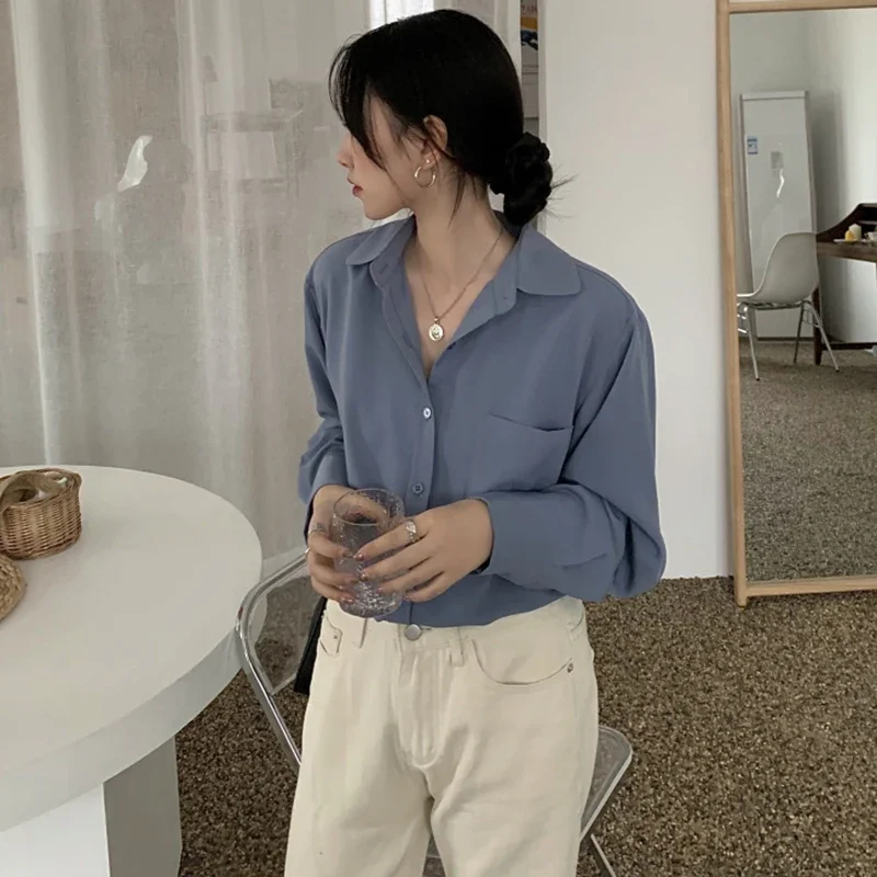 Shirts Women Pure Elegant Office Lady Simple Korean Style Leisure Long Sleeve Blouses Womens All-match Loose Daily Thin Chic New