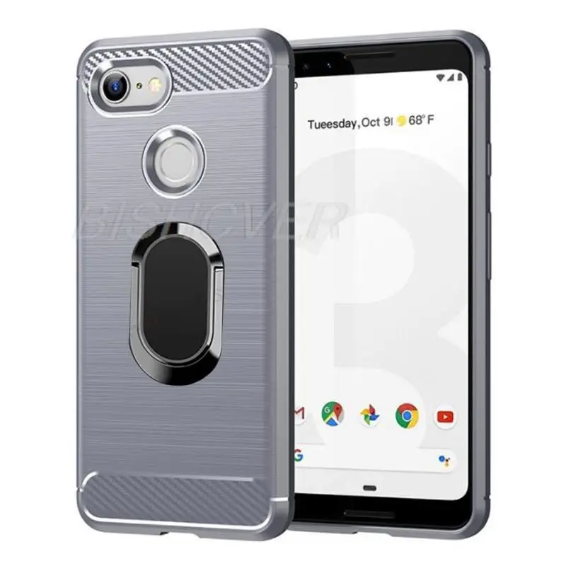 For Google Pixel 3 3A XL Brushed Carbon Fiber Silicone Phone Case For Google Pixel 3a Magnetic Ring Holder Stand Soft Cover