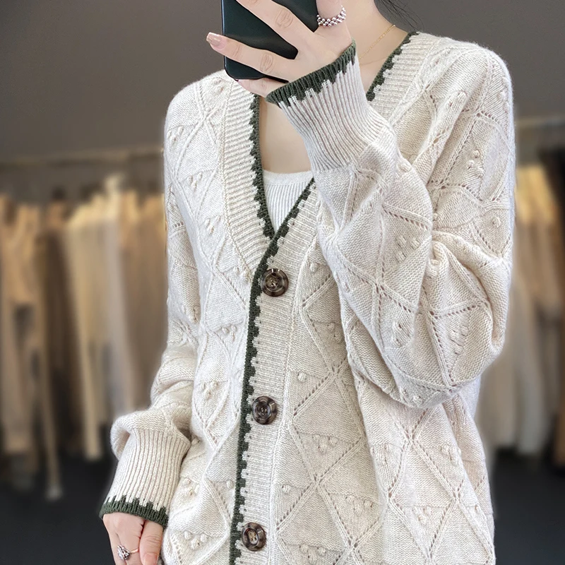 Fall/Winter New 100% Wool Cardigan High Sense Design High-end Fashion Twist Knitted Retro Coat