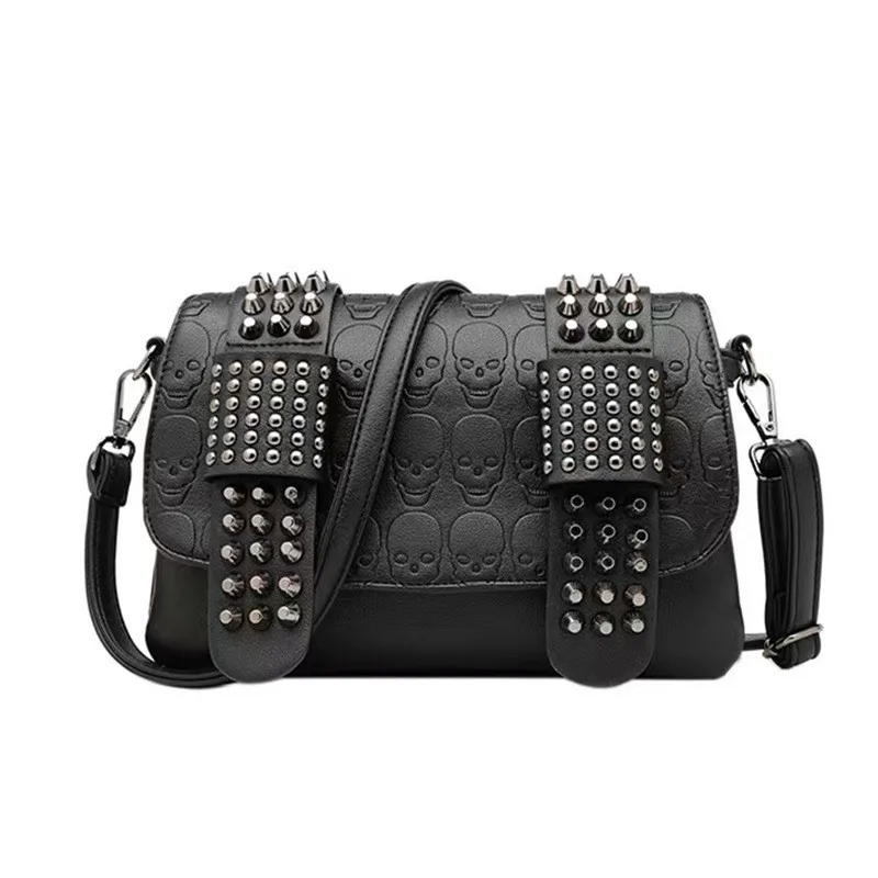 

Heavy Metal Women's Shoulder Bag Punk Style Skeleton Head Black Rivet Chain Crossbody Bag Fashionable Trendy Medium Size PU L...