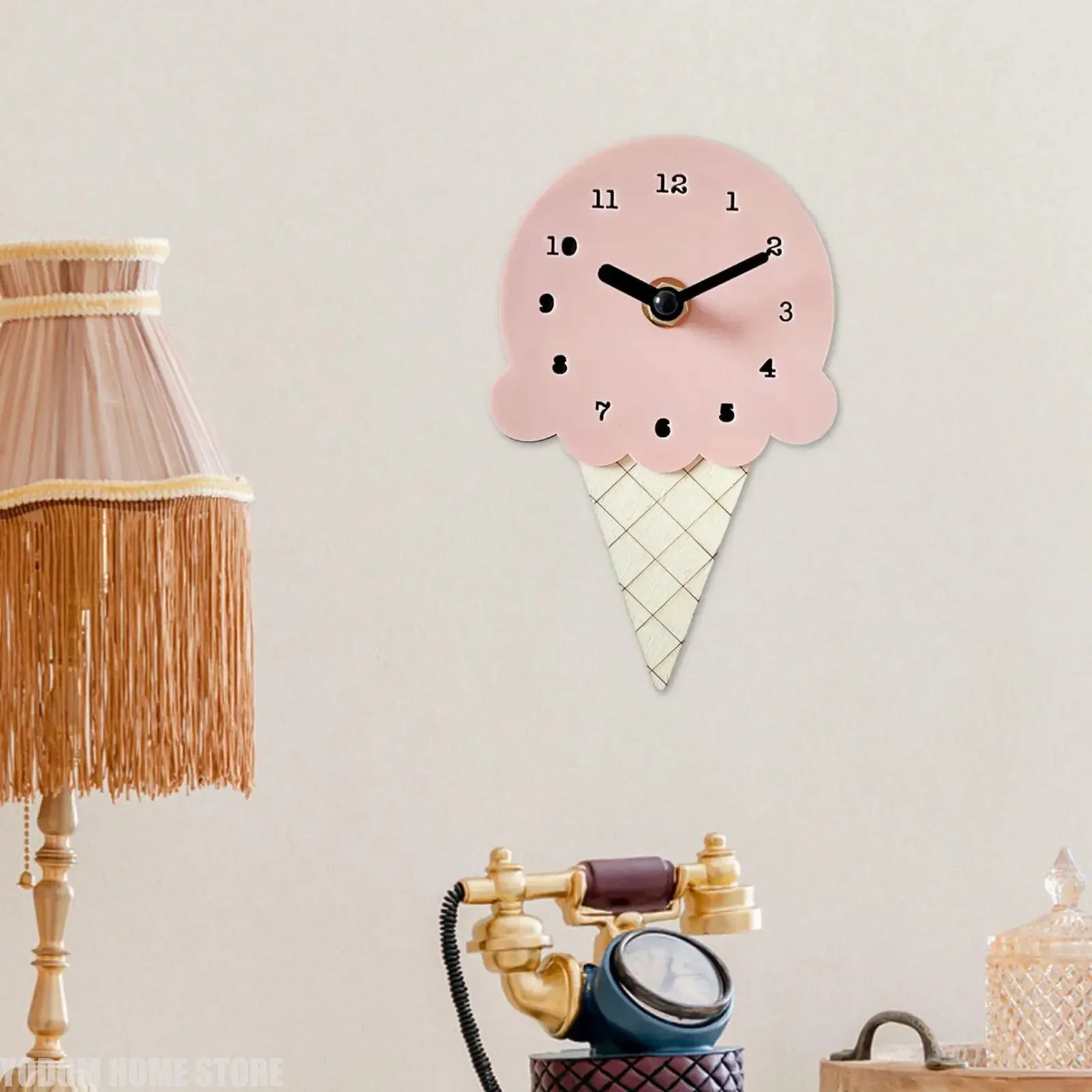 Stylish Ice Cream Shaped Wooden Wall Clock - Fun Kids Room, Living Room & Office Home Decor Art