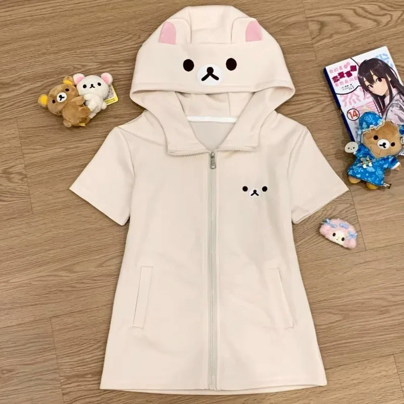 

Y2k Japanese Cute Bear Ears Hoodie Coat Women 2025 New Cardigan Tops Y2k Loose Short Sleeve Zipper Sweatshirts T Shirt
