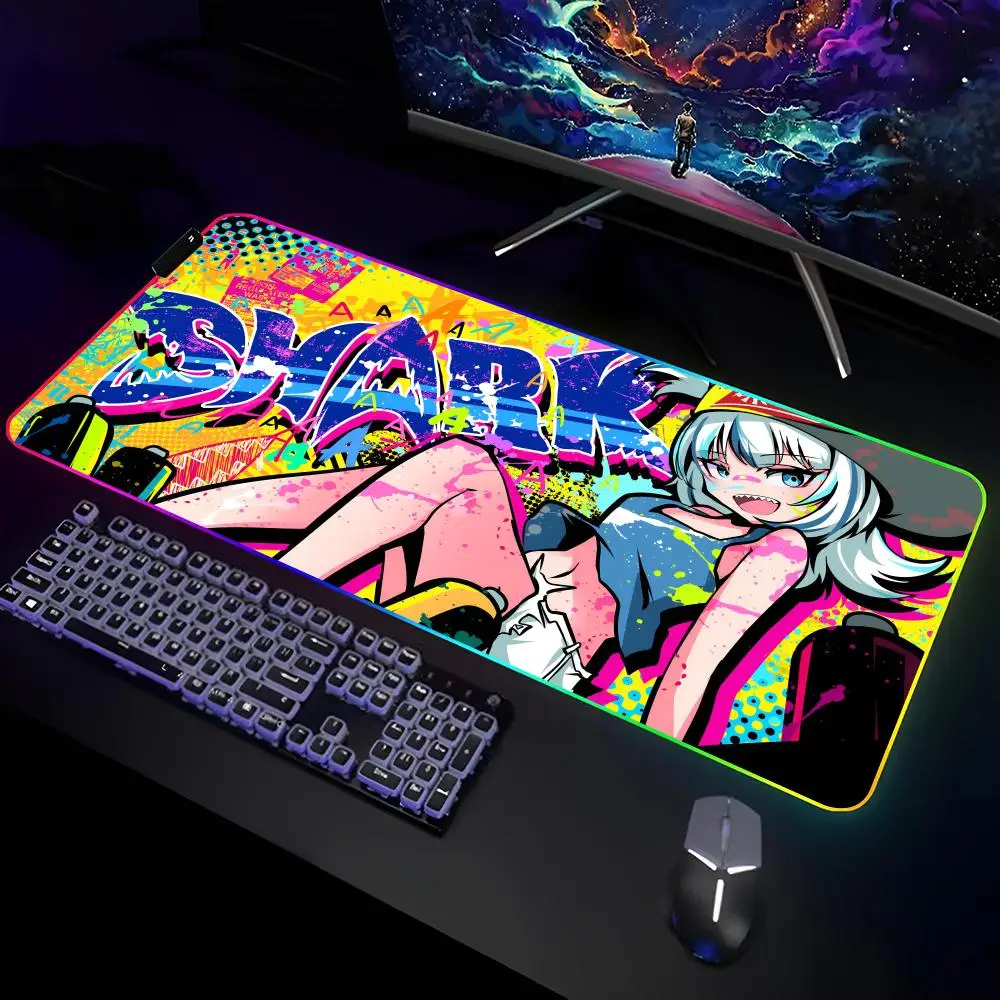 W-HololiveS Gawr Gura Mouse Pad Gamer RGB Deskmat Keyboard Mat Gaming Laptops LED Mousepad Desk Protector Anime Mause Mats