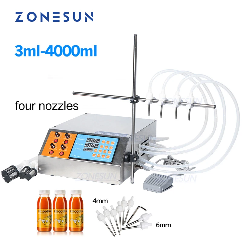 

ZONESUN 4 Nozzles Electric Soy Sauce Soya Milk Juice Water Beverage Liquid Bottle Vial Filling Machine