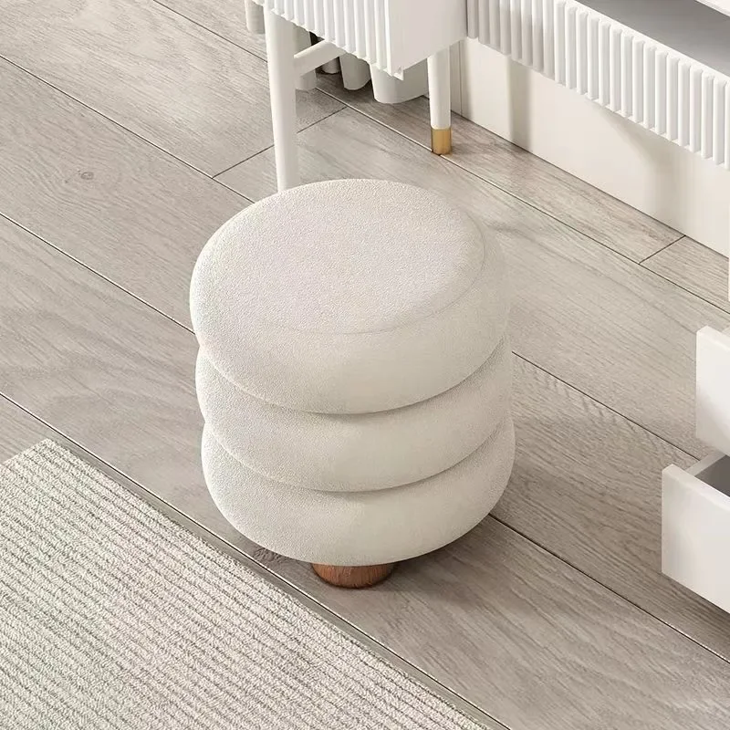 Light Luxury Cream Dressing Stool Scandinavian Modern Minimalist Small Household Round Stool Chair Lamb\'s Wool Makeup Bench