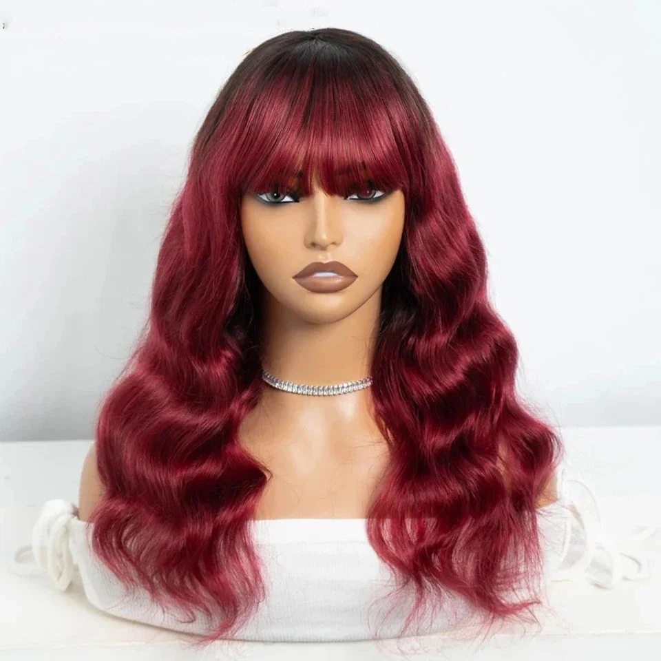 Body Wave Wig With Bangs Brazilian Ombre Burg Fringe Bob Human Hair Wig For Women Hair Glueless Full Machine Made Human Hair Wig