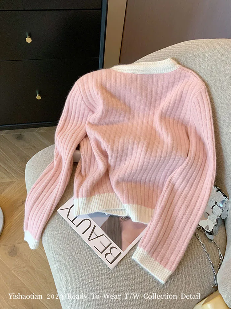 Harajuku Korean Autumn Winter Pink Cashmere Top O-Neck Cozy Casual Sweet Sweater Knitted Cardigans Long Sleeve Mori Girl Style