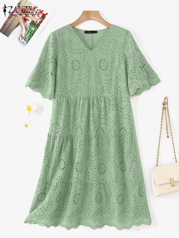 ผู้หญิง V คอสั้นแขนยาวเข่าความยาวชุดแฟชั่นวันหยุด Vestido Kaftan ZANZEA ฤดูร้อนโบฮีเมียนลูกไม้เย็บปักถักร้อย Sundres