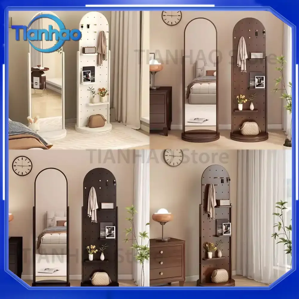 Full-length Rotating Hole Plate Mirror with Integrated Coat Rack and Clothing Storage for Household Use Floor-to-Ceiling