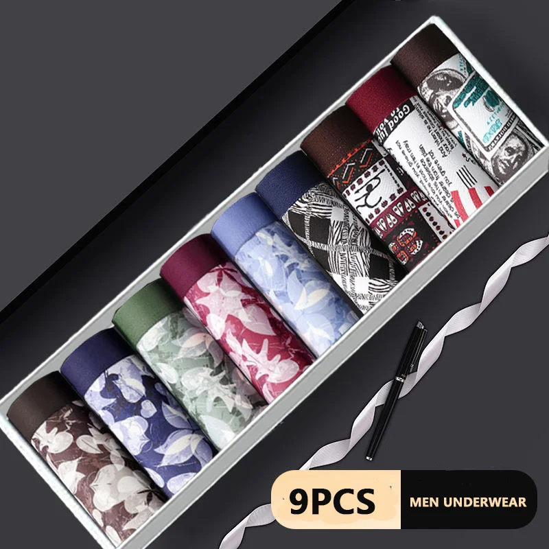 9 Pieces 2025 Men Panties Polyester Underwear Male Boxer Underwear For Homme Lot Luxury Set Sexy Shorts Brief Gift Plus Size