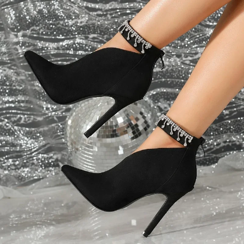 

Women's Pointed Toe Suede V Cut Rhinestone Tassel Pendant Ankle Strap Back Zipper Stiletto Heel Ankle Boots Party Evening Shoes