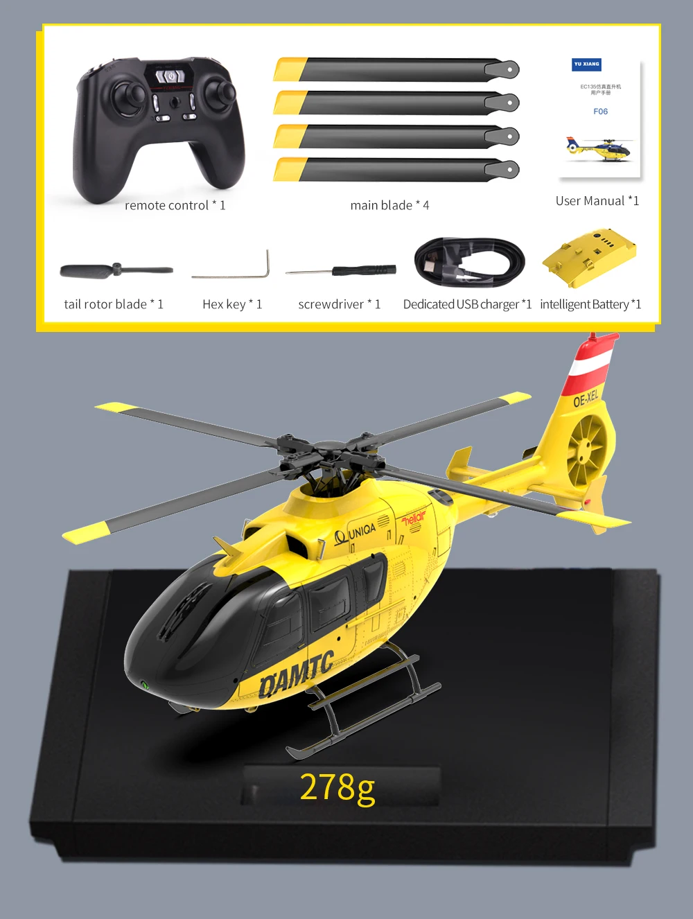 

NEW YXZNRC F06 EC135 RC Helicopter RTF 2.4G 6CH Direct Drive Dual Brushless One Key 3D Roll Flybarless 1:36 Scale