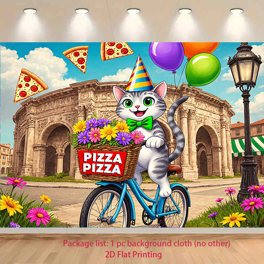 Funny Cat Pizza Delivery Tapestry, Cute Kitten Bicycle Wall Hanging for Kids Room Bedroom Decor, Colorful Cartoon Art Gift