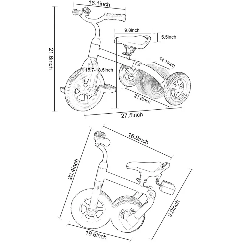 AQAncaixin 3 in 1 Toddler Tricycles for 2-5 Years Old with Adjustable Seat Detachable Pedal and Bell,Foldable Baby Balance B