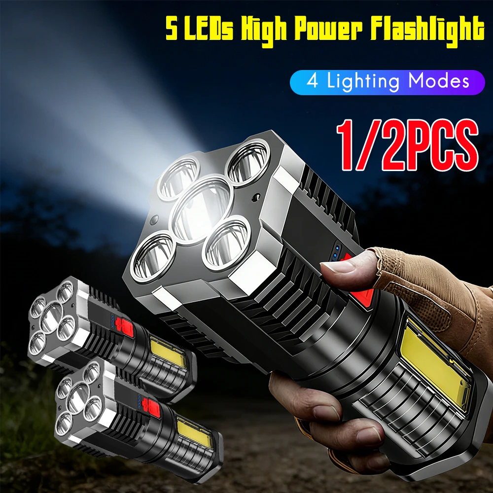 

5-светодиодные мощные светодиодные фонари с функцией перезарядки, прожектор для кемпинга с боковой подсветкой, 4 режима освещения для кемпинга, приключений и активного отдыха на природе