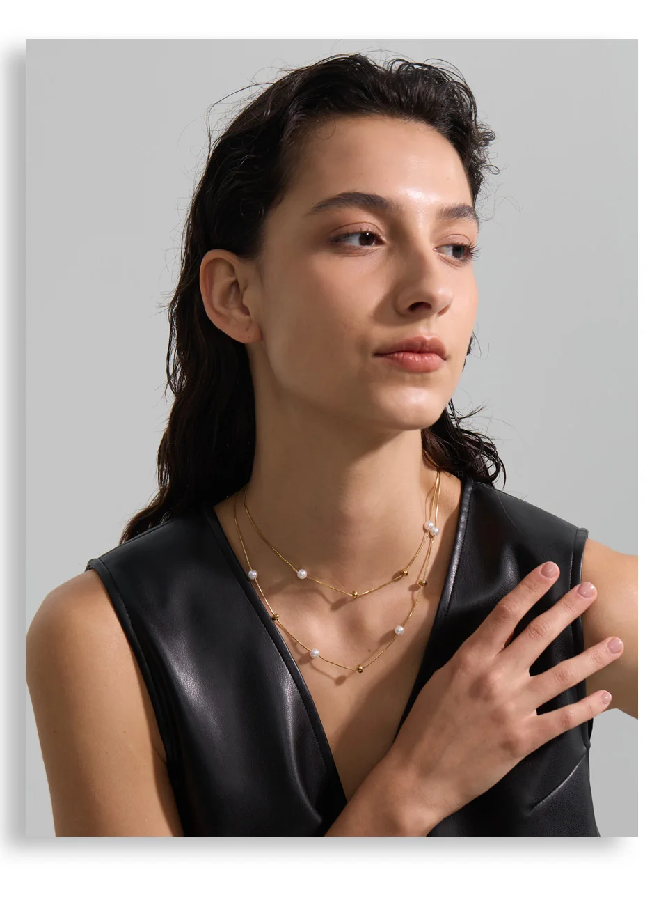 Yhpup Edelstahl Doppelschicht Perlen Kette Overlay Halskette für Frauen Beliebte Chic Frauen Koreanische Chic Schmuck Zubehör – Detail 4