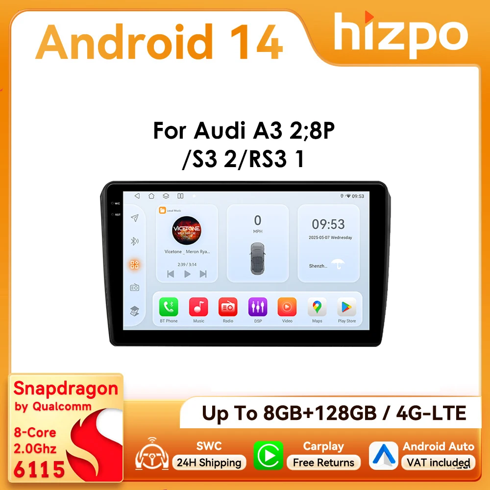 Hizpo 9 pouces Android14 autoradio pour Audi A3 8P 2003 - 2013 Snapdragon 6115 RDS DSP CarPlay 4G BT Auto CarPlay GPS Navigation