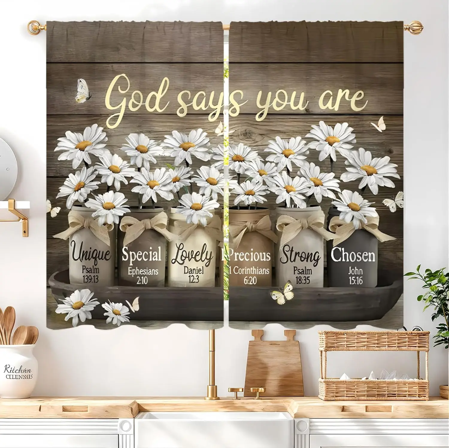 God Says You Are Jar Daisy Curtain 2 Panels Bible Verse Butterfly Rustic Wood Background Master Bedroom Farm Faith Home Decor