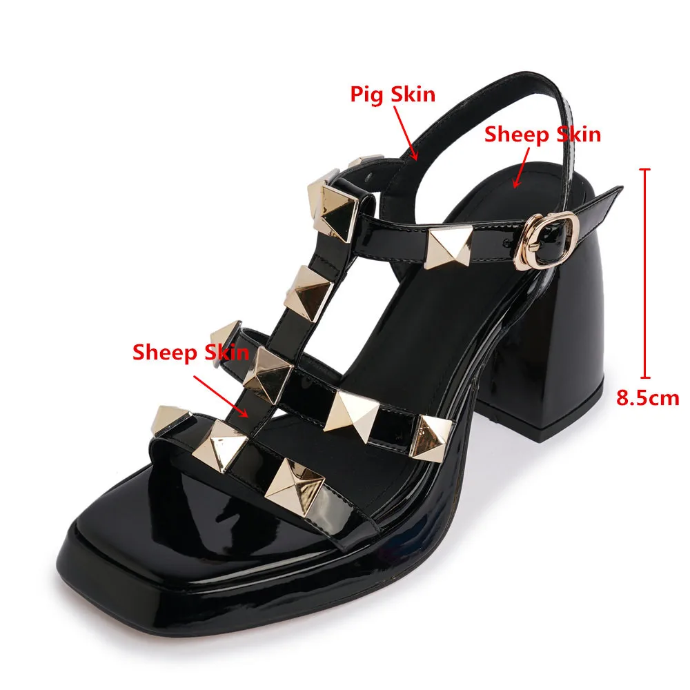 MILI-MIYA Classic Rivet Design Women Sheep Skin Sandals Super High Thick Heels Buckle Strap Square Toe Solid Color Summer Shoes