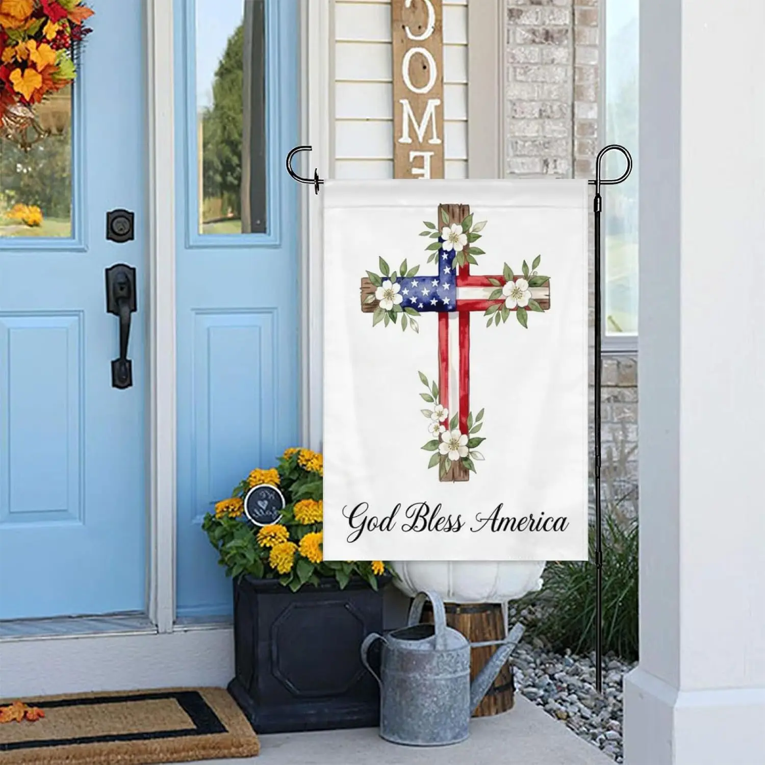 American Flag Cross Garden Flag 12×18in Double Sided God Bless America Floral Rustic Wood Art for Portico Lawn Patio Outdoor kkz