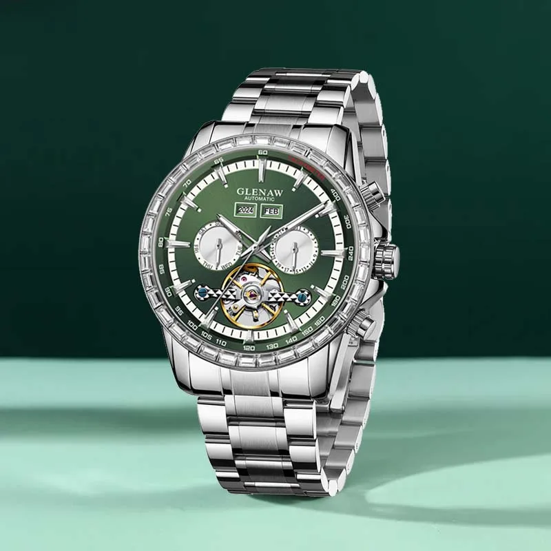 

GLENAW мужские часы автоматические механические деловые наручные часы водостойкий ремешок из нержавеющей стали наручные часы мужской год месяц неделя