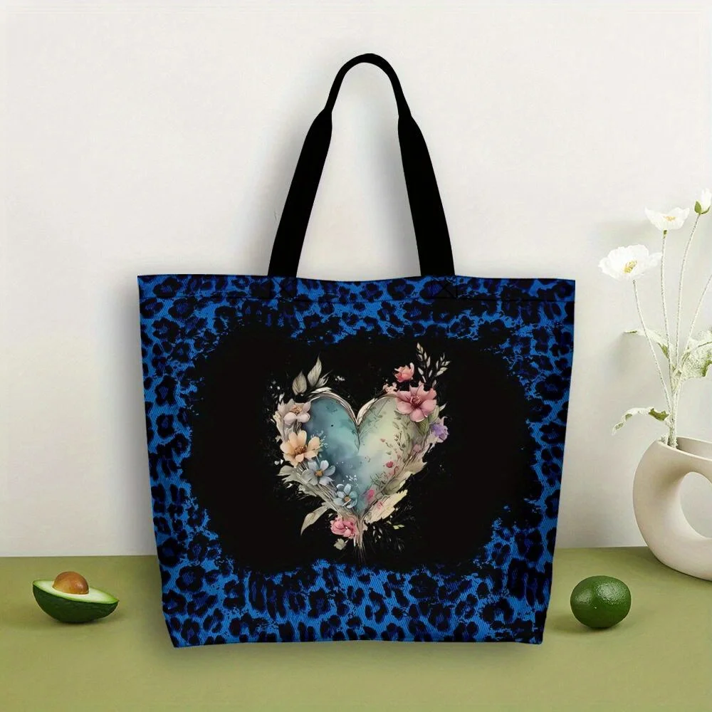 

Stylish Women's Floral Print Heart Print Tote Bag - Blue Leopard Design with Vibrant Watercolor Flowers, Large Capacity