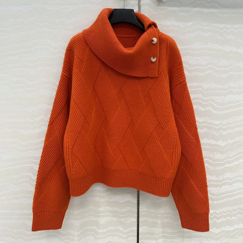 

Высококачественный женский свитер с длинными рукавами и наклонными пуговицами в корейском стиле с текстурированным дизайном вязания, пуловер 251020120