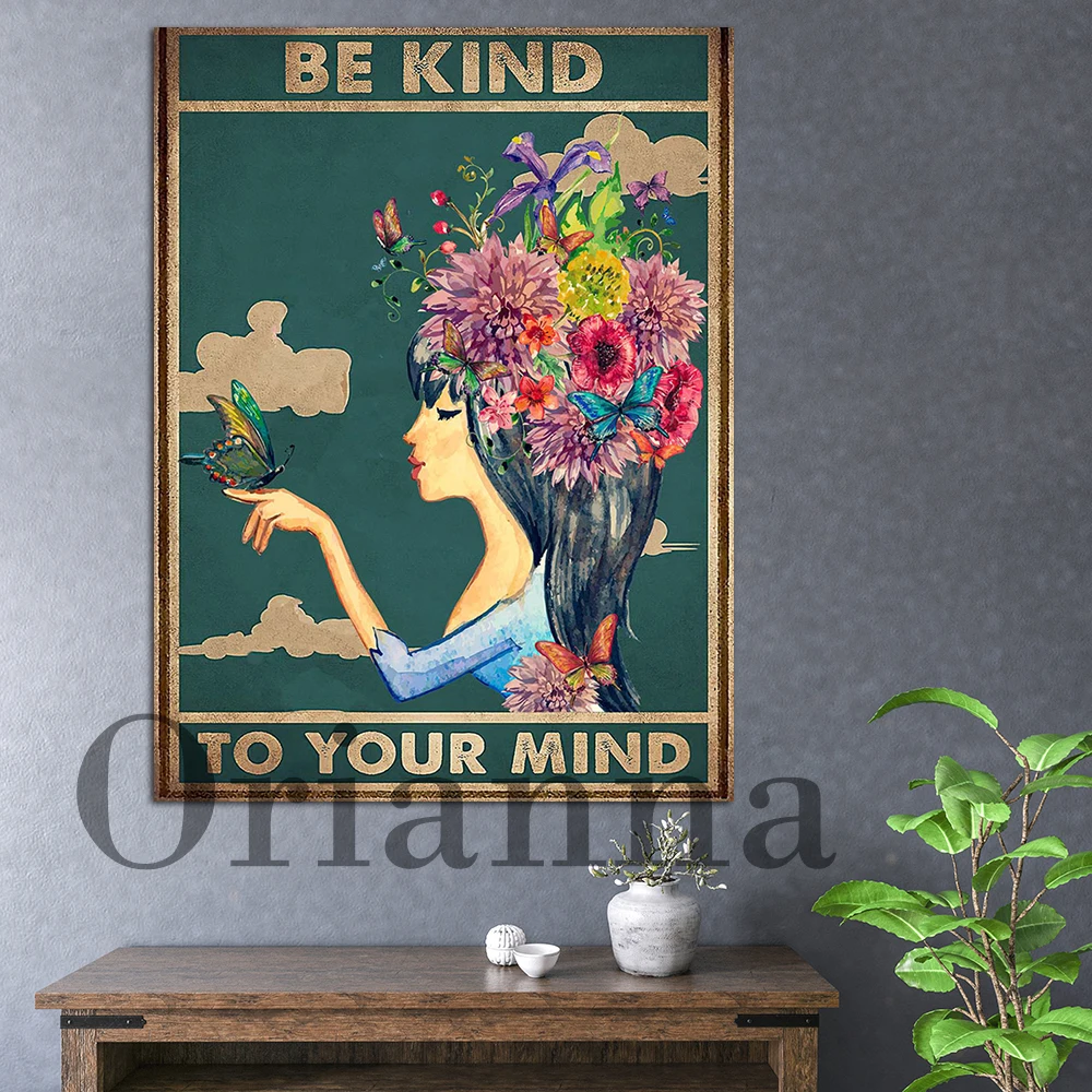 Wall Art Be Kind To Your Mind Vintage Poster, Women Mental Health Awareness Canvas Painting, Mental Health Matters Home Decor