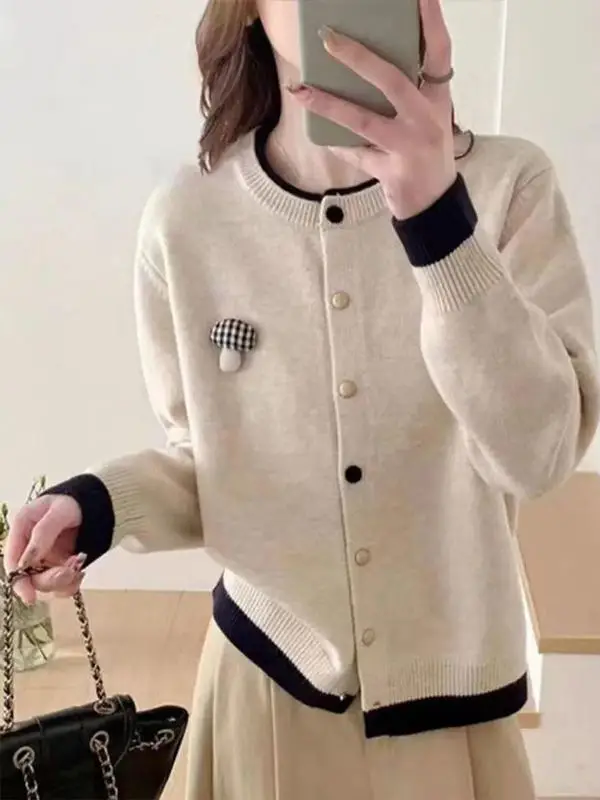 New Color Block 3D Pattern Open Cardigan Short round Neck Sweater Spring Fashionable Versatile Knitted Top Women's Premium Fa...