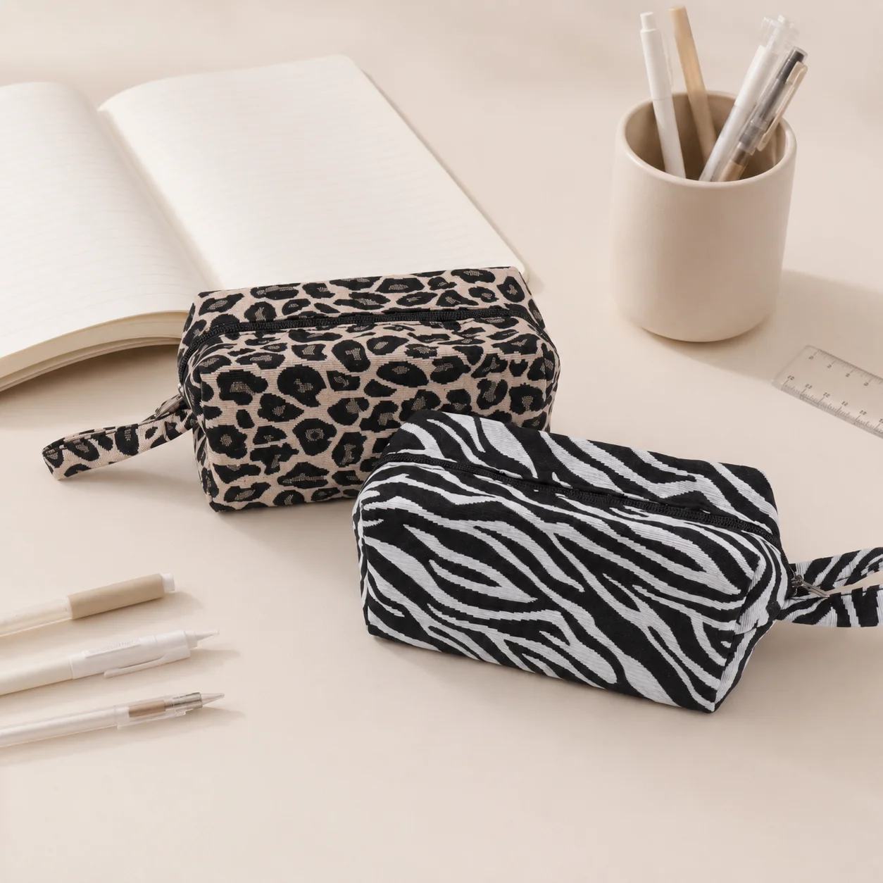 Vintage Leopard Zebra Corduroy Pencil Pouch Wrist Strap Zipper Bag for Teen Girls School Stationery Makeup Storage