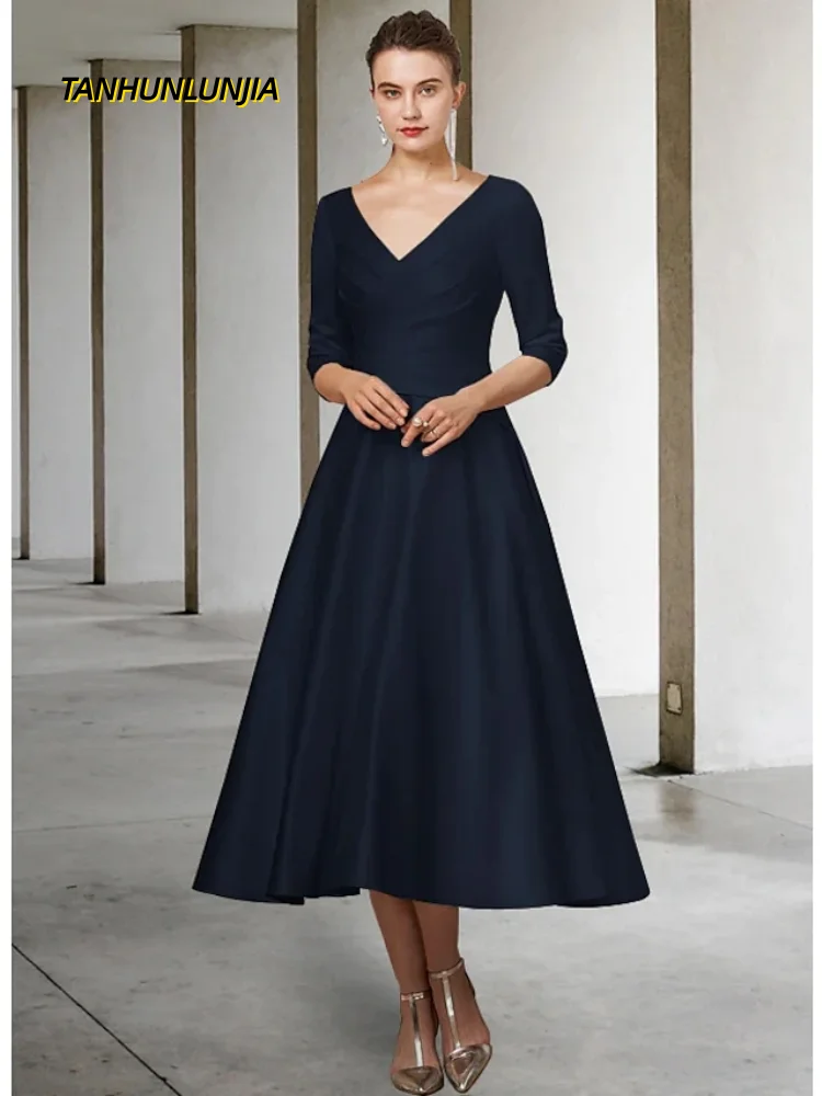 

Simple Mother of the Bride Dress Plus Size V Neck Tea Length Satin Half Sleeve Pleats Bridal Party Gown Vestidos Longo