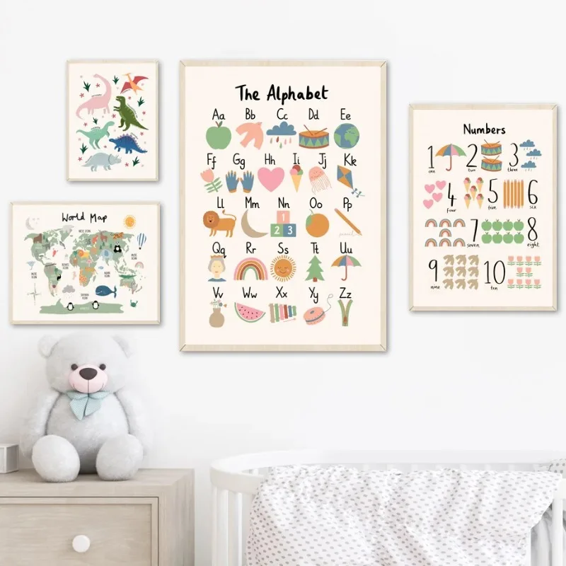 World Map Canvas Painting Pastel Animal Theme Educational Wall Art Nordic Posters and Prints Pictures Baby Kids Room Decorati