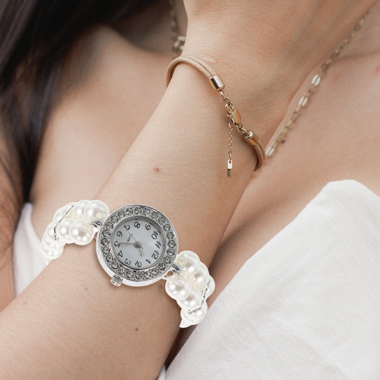 

Pearl Bracelet Jewelry Elegant Heart Shaped Bling Rhinestone Alloy Cuff Ladies Vintage Dainty Wrist Watch Accessories Christmas