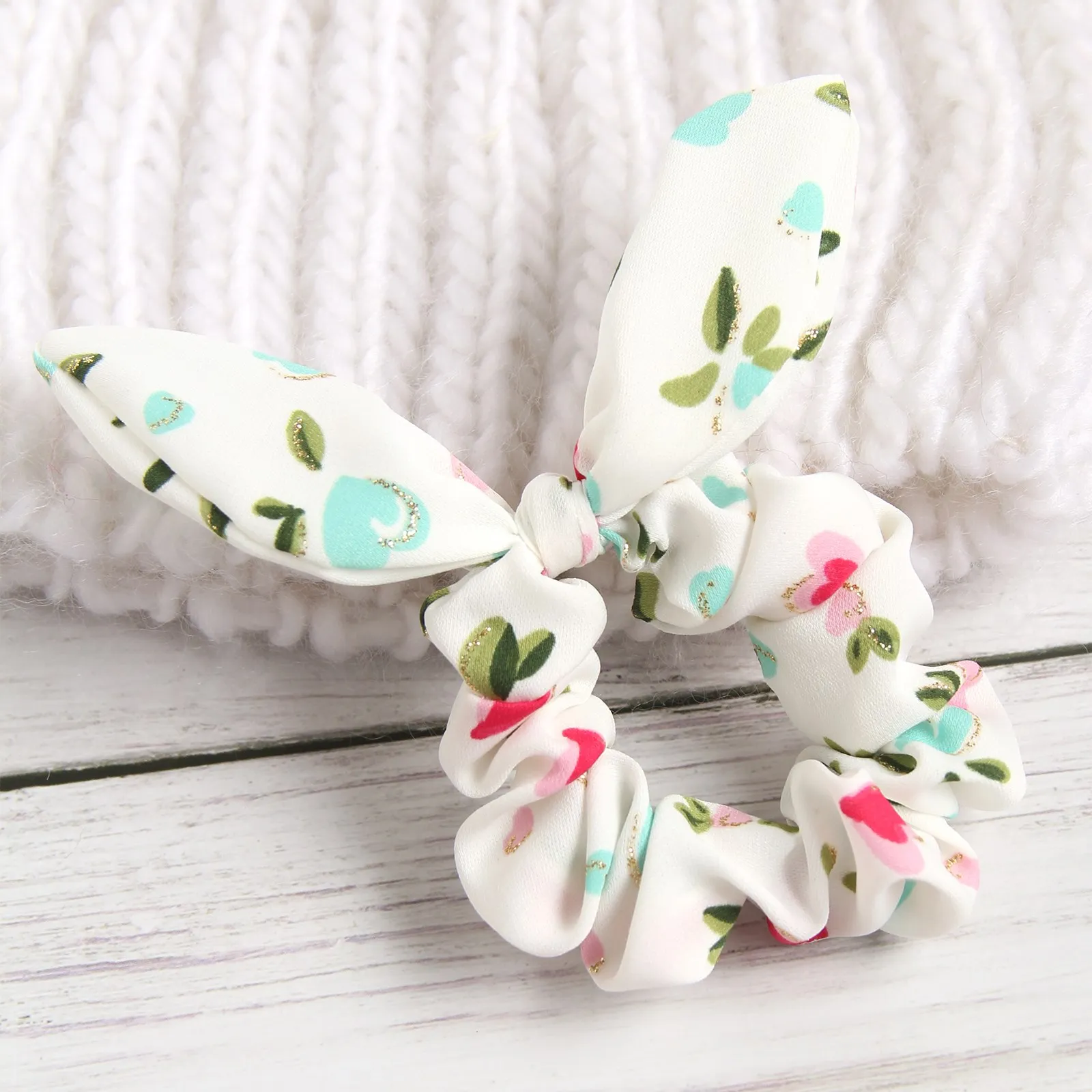 New Fashion Women Scrunchies Full Print Pattern Rabbit Ears Hair Ties Cute Head Band Ponytail Holder Girl Hair Accessories 