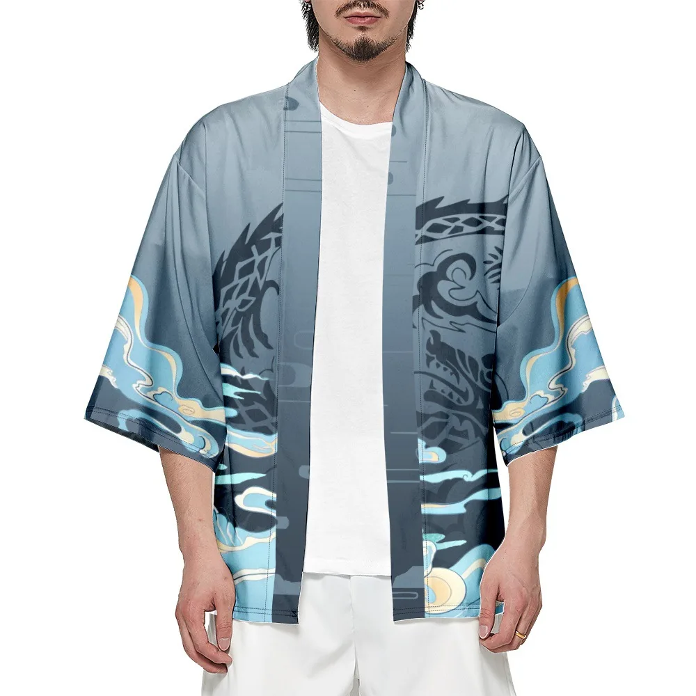 Summer Beach Kimono Anime Dragon Printed 3/4 Sleeve Shirt Haori Fashion Kimono Yukata Men