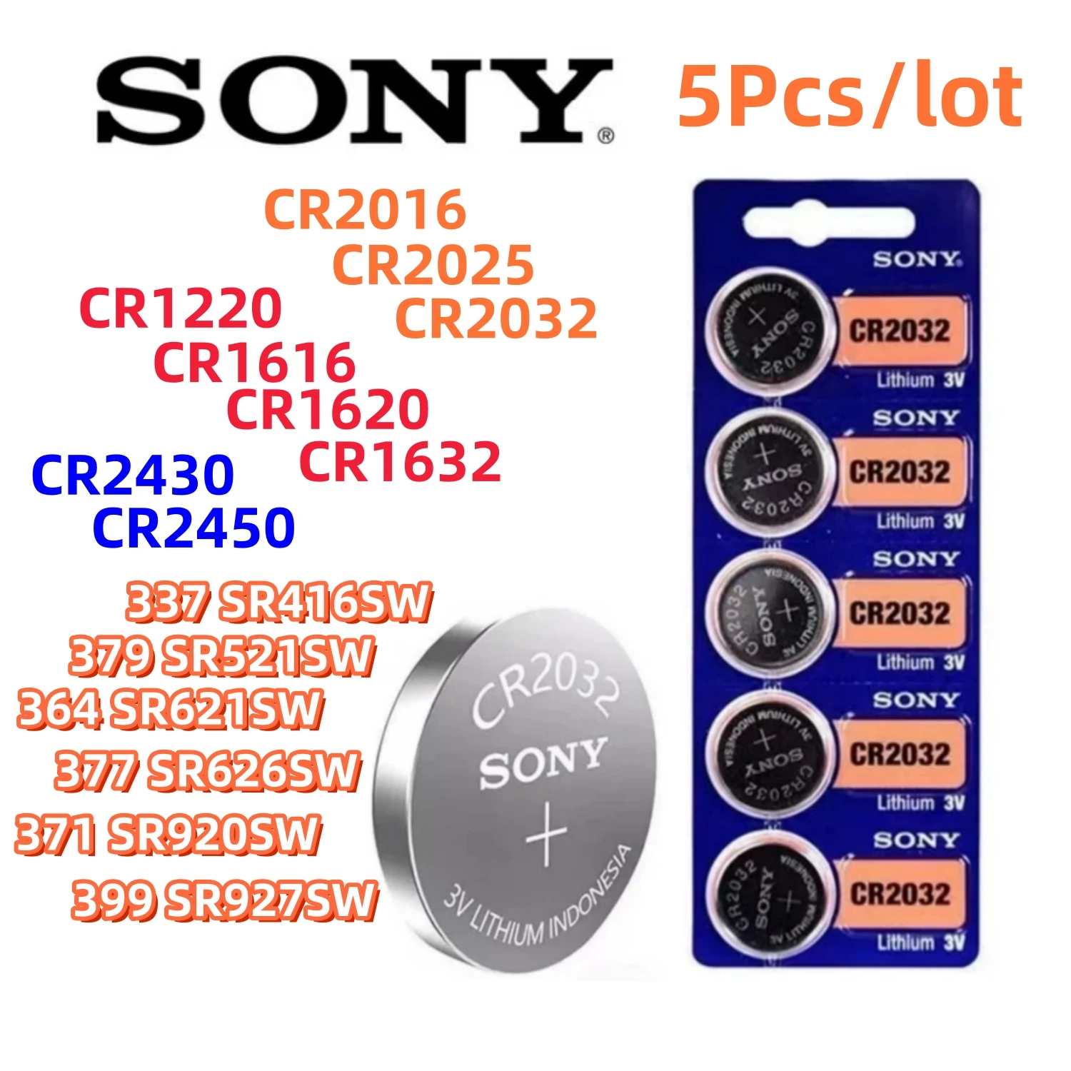 5Pcs Original SONY CR2032 battery CR2025 CR2016 CR1632 CR1220 CR1620 CR2450 CR2430 371 SR920SW 377 SR626SW 364 SR621 399 SR927SW