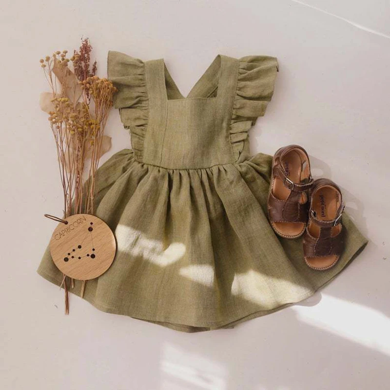 Summer Toddler Girls 100% cotone Ruffles Sleeve Dress per 0-4Y lino cotone Baby Kids Clothes Casual Fashion Princess Dresses