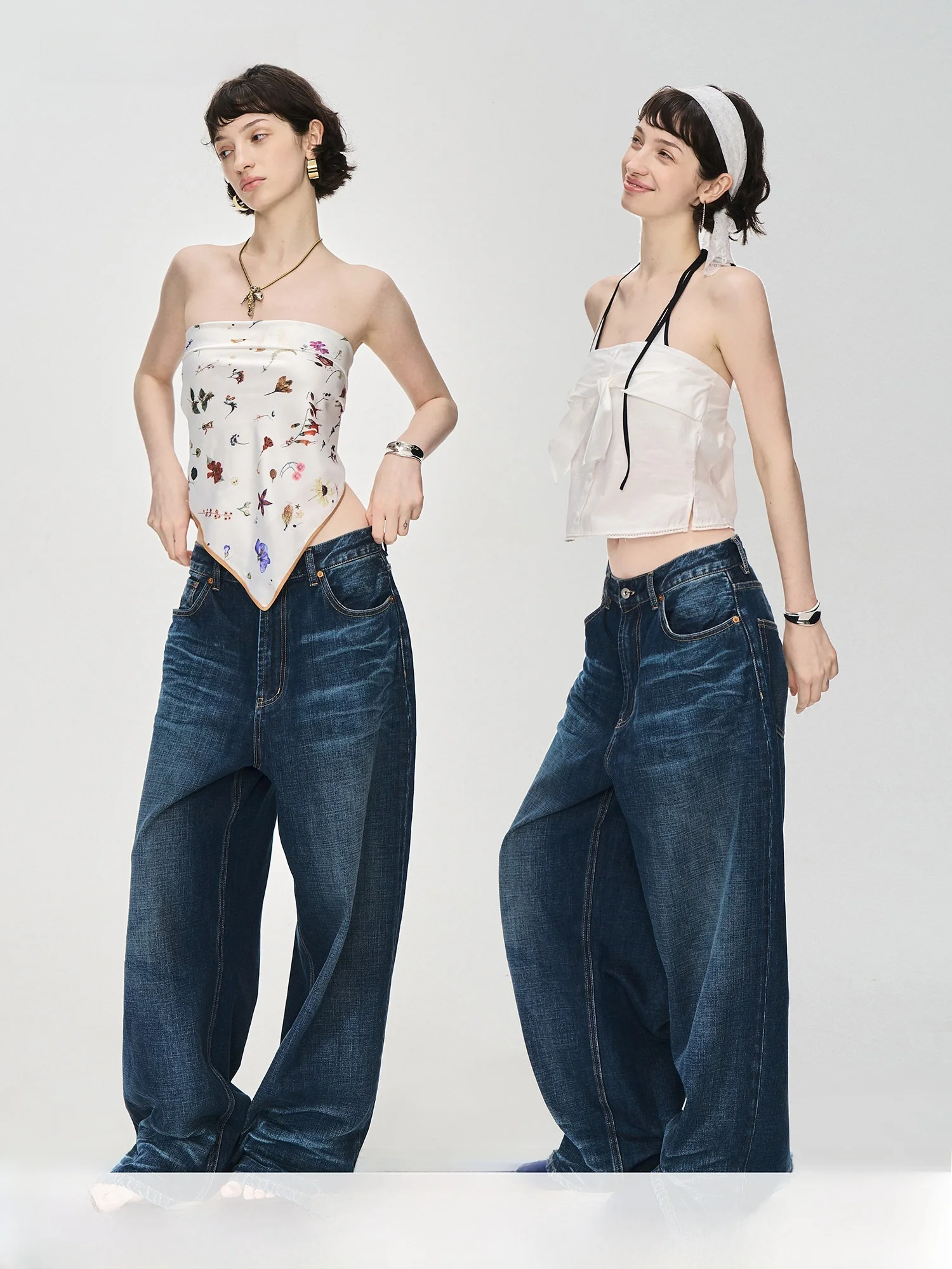 

Джинсы Waed Denim свободного кроя с драпировкой, с высокой талией, прямые, повседневные, для девочек, темно-синие, на молнии