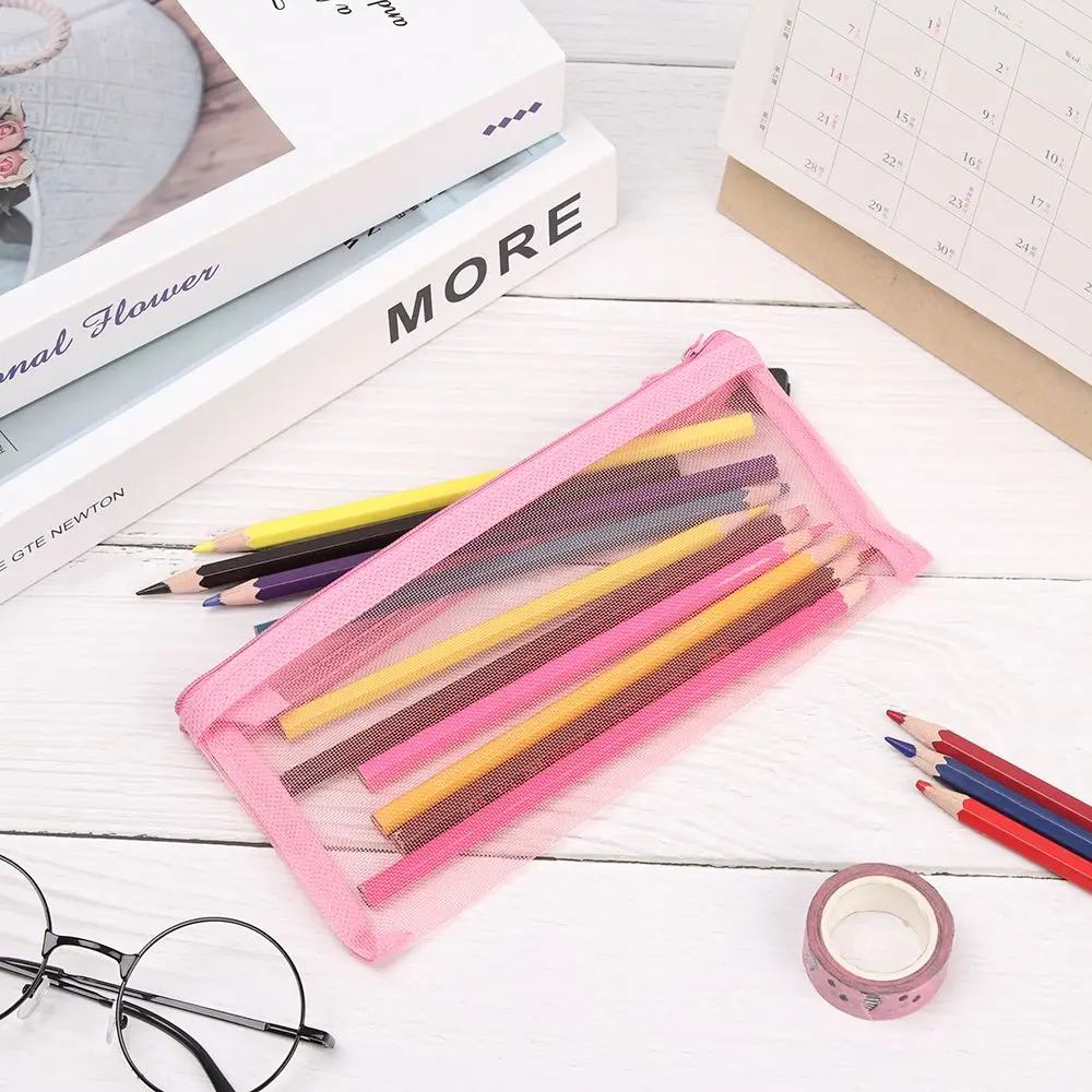 1pc Gifts Fashion Cosmetic Handbags Coin Purse Makeup Zipper Pencil Case Mesh Pen Bag Transparent Grid Cosmetic Storage