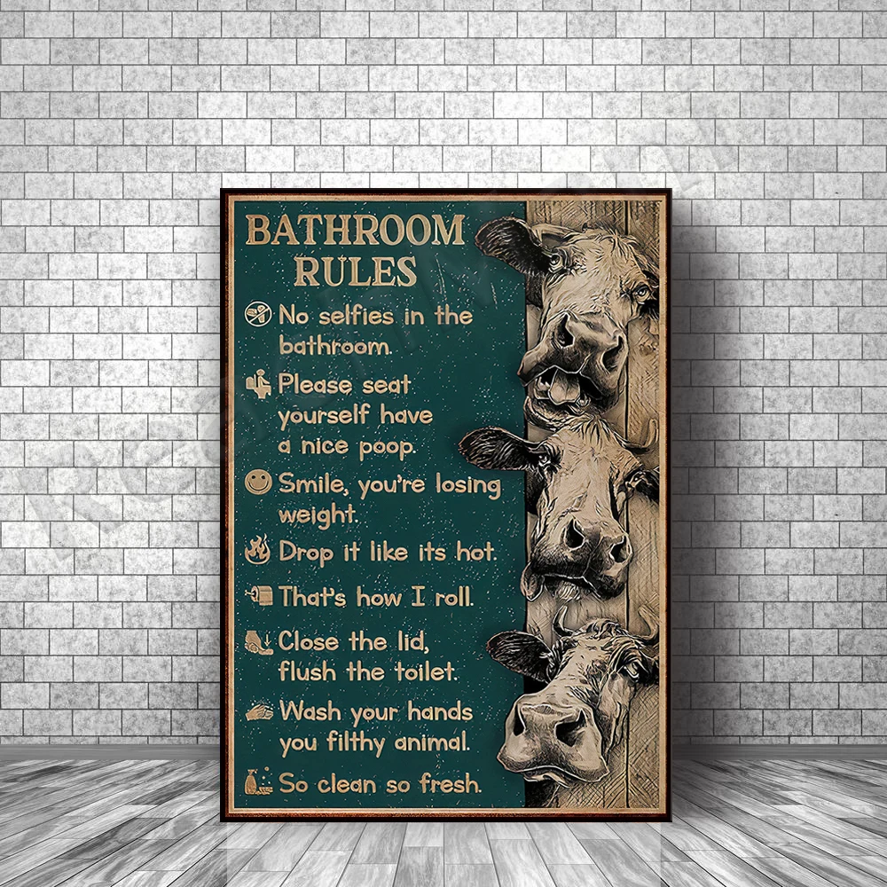 

funny cow poster, bathroom rules, animal print, bathroom wall decor, cow canvas print, funny poster