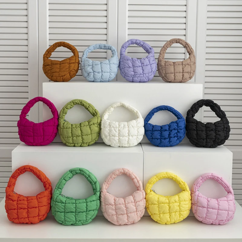 Cute Mini Puffer Tote Bag Quilted Circle Phone Purse Elegant Purple Soft Nylon Padded Key Pouch Simple Trend Handbag