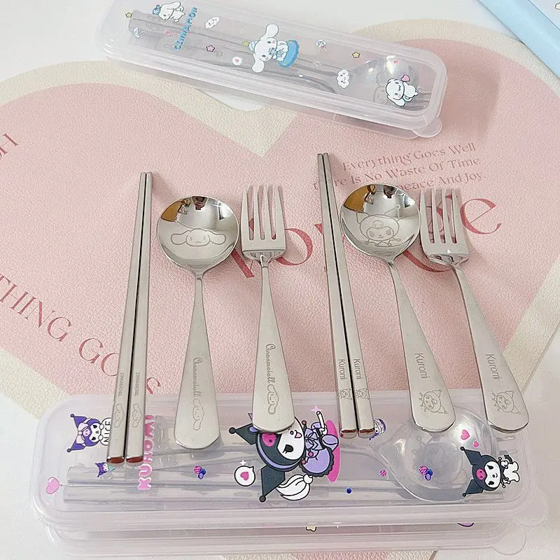 

Anime Sanrio Three Piece Tableware Set Kuromi Cute Kawaii Portable Tainless Steel Forks Spoons Chopsticks Toys for Girls Gift