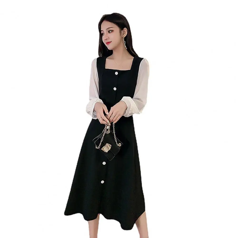 

Loose Dress Square Neck with Mesh Patchwork Button Decor for Women A-line Spring Fall Midi Dress