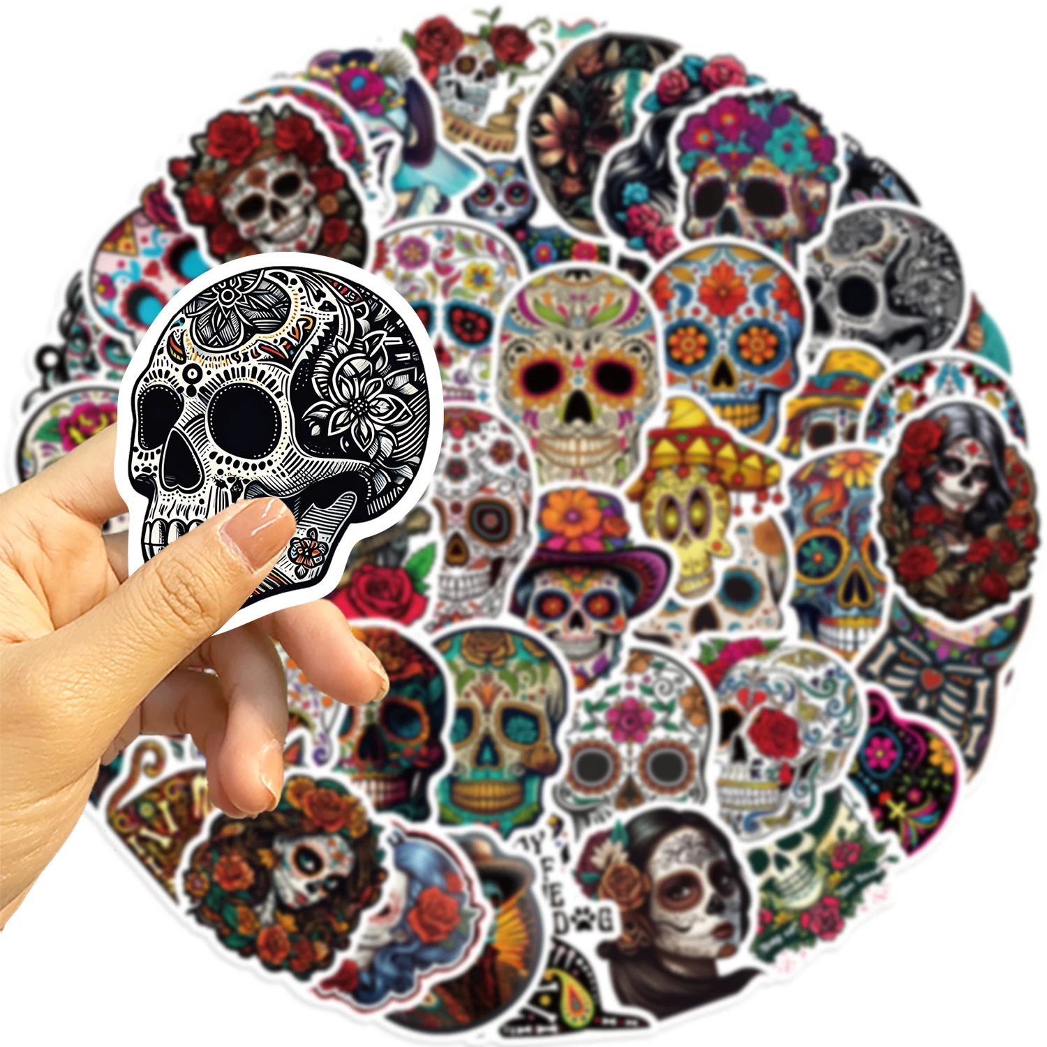 50PCS Mexican Day of the Dead Headbone Graffiti Sticker Skateboard Suitcase Guitar Kettle Deco Laptop Skin Waterproof Phone Case