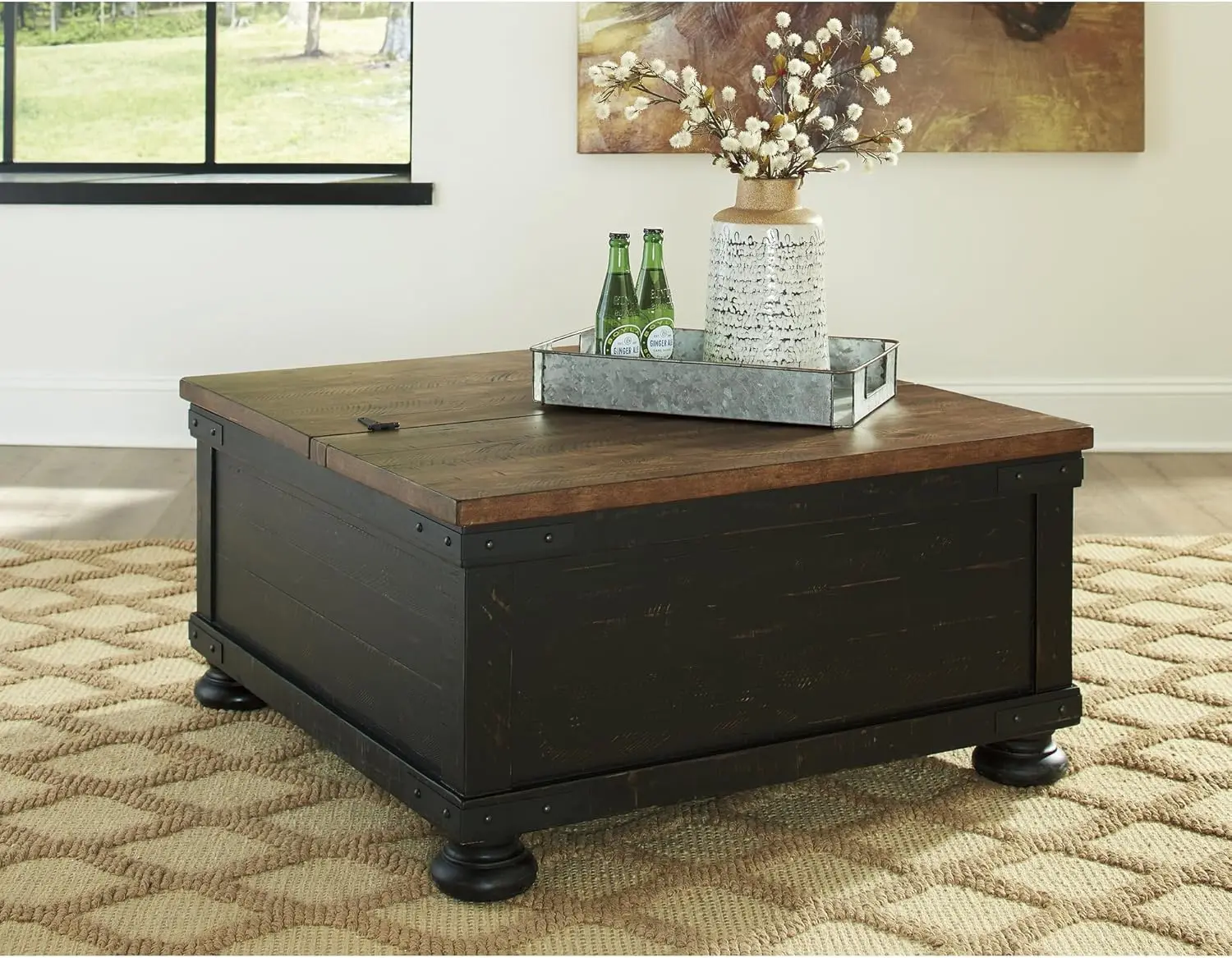 Farmhouse Lift Top Coffee Table with Storage, Distressed Brown & Black Finish