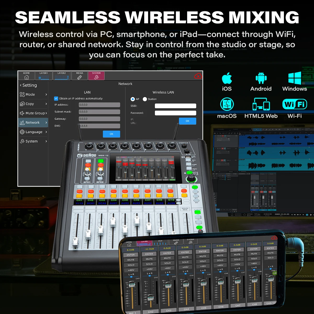 DGNOG MDX-16 Digital Mixer with Motorized Fader, WiFi & Bluetooth Remote Control, DJ Mixer for Studio and Outdoor Performances.